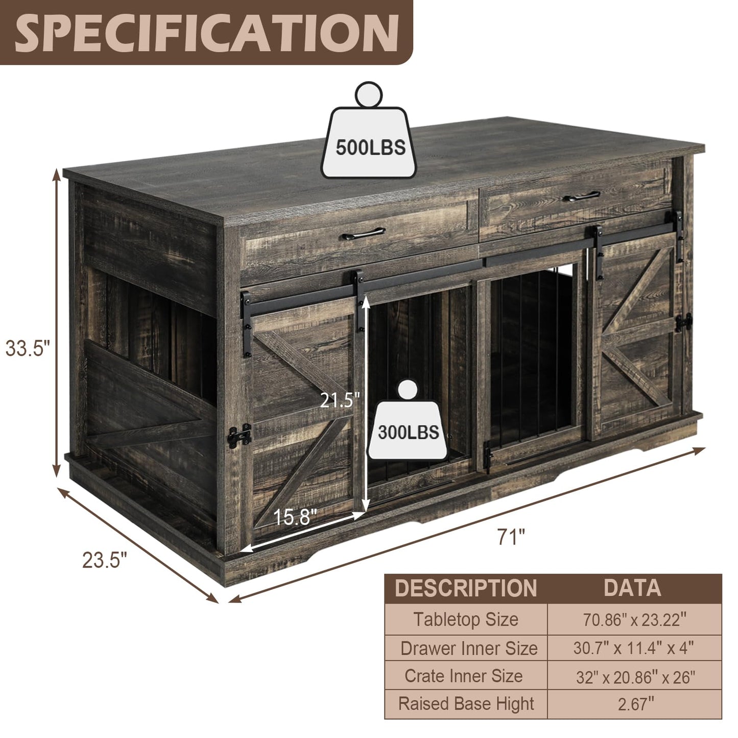 Extra Large Dog Crate with Divider, Double Dog Crate for 2 Large Dogs, 71" Wood Dog Kennel Indoor Cages for Dogs, XL Dog Kennel Furniture with 2 Drawers, TV Stand Dog Crate for Large Medium S - WoodArtSupply