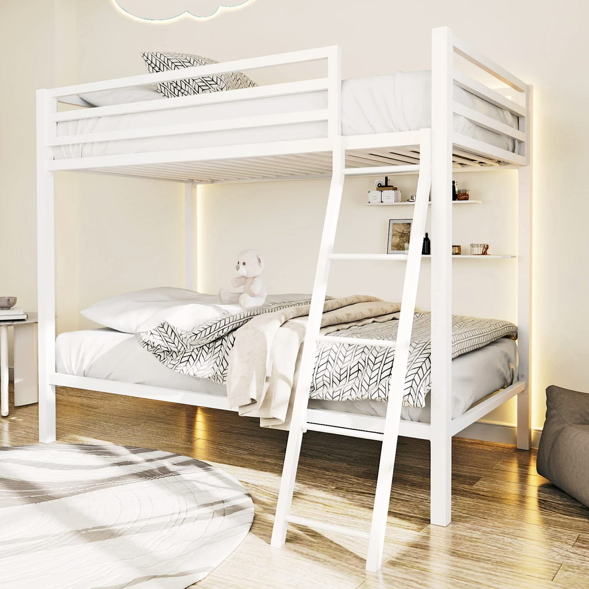Heavy Duty ikalido Twin Over Twin Metal Bunk Bed with Safety Guard Rail and Ladder in Matte White ikalido