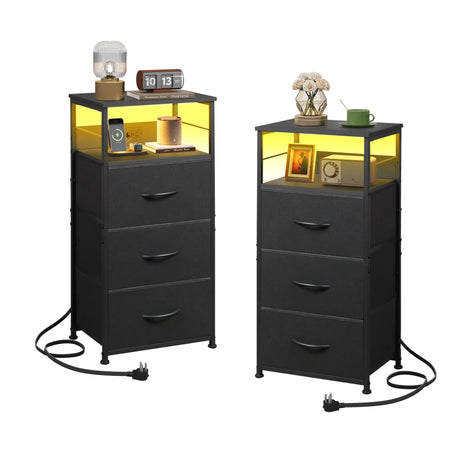 WLIVE LED Nightstand Set of 2 with Charging Station, Black Night Stand with 3 Fabric Drawers and Storage Shelf, Small Dresser for Small Space, 31.9" H Side Table with USB Ports and Outlets for Bedroom WLIVE