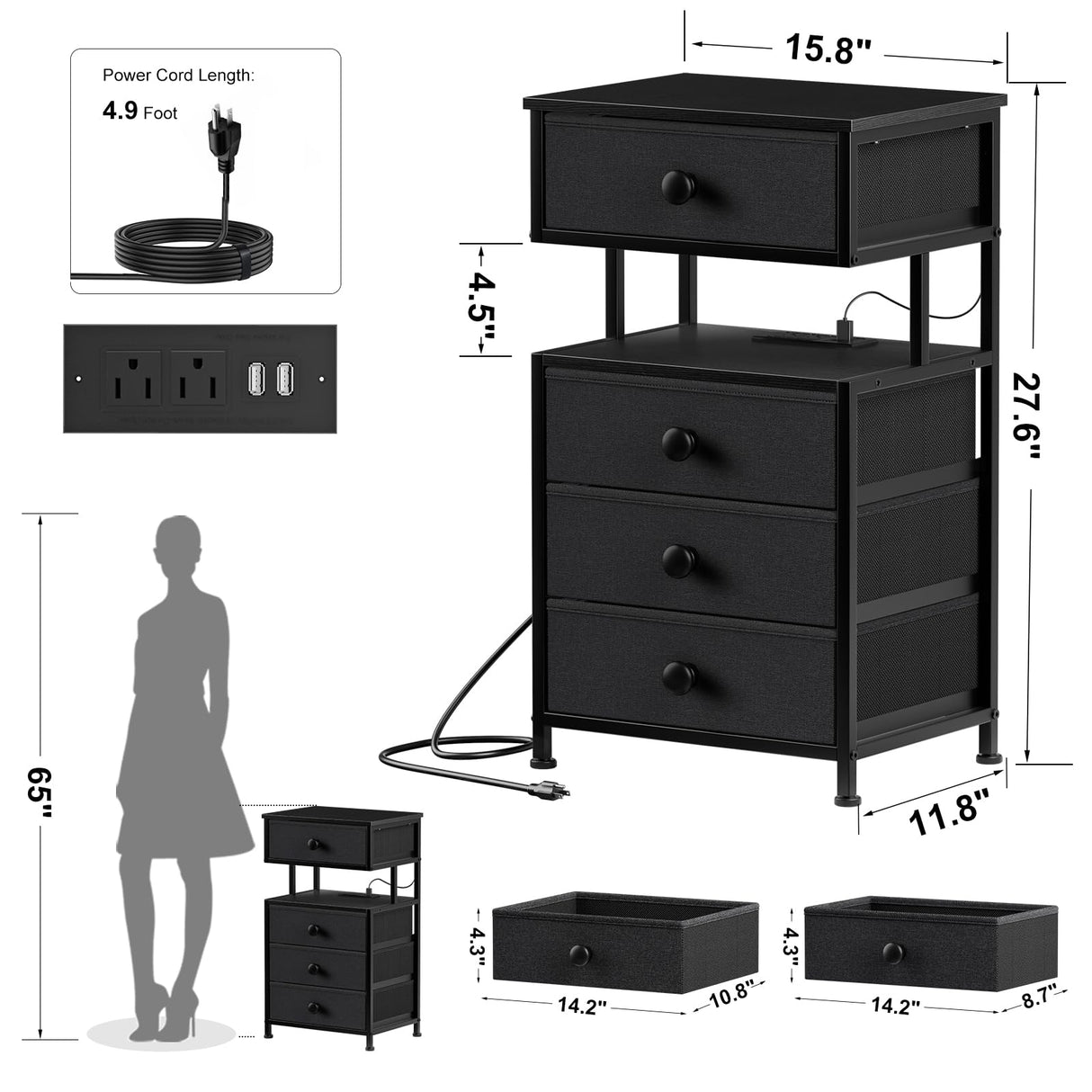 REAHOME Night Stand with Charging Station and LED Light, 4 Fabric Drawers Black Bedside Table with Open Shelf, Modern End Table with Wooden Top for Bedroom, Living Room, Hallway - Black Gery REAHOME