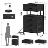 REAHOME Night Stand with Charging Station and LED Light, 4 Fabric Drawers Black Bedside Table with Open Shelf, Modern End Table with Wooden Top for Bedroom, Living Room, Hallway - Black Gery REAHOME