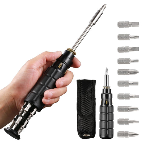 10-in-1 Multi Screwdriver, Multi-Bit Magnetic Ratcheting Screwdriver with Phillips/Slotted/Torx/Hex Bits and 1/4-Inch Nut Driver, All in One Multihead Screwdriver with Belt Pouch Flutaire