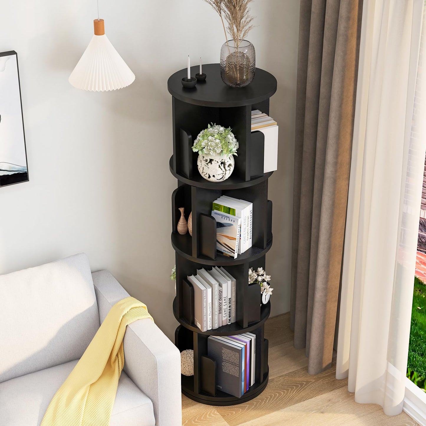 360° Rotating Black Bookcase - Space-Saving 4-Tier Bookshelf for Kids & Adults - WoodArtSupply