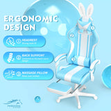 Ferghana Kawaii Light Blue Gaming Chair with Bunny Ears, Ergonomic Cute Gamer Chair with Footrest and Massage, Racing Reclining Leather Computer Game Chair 250lbs for Girls Adults Teens Kids Ferghana