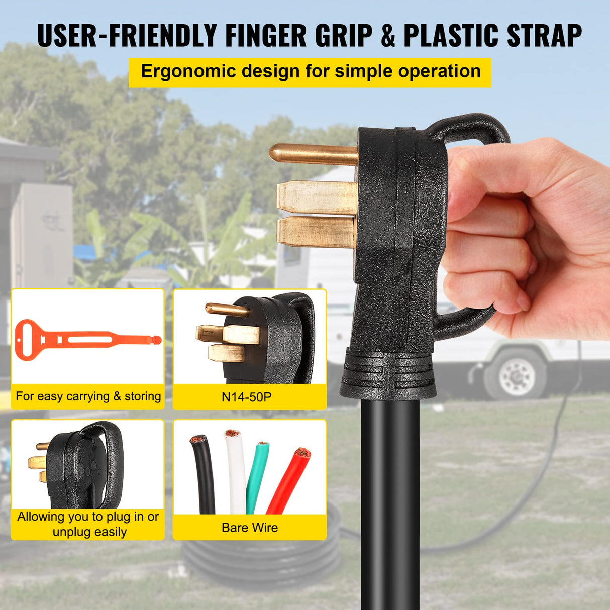 VEVOR 15 FT 50 Amp Generator Extension Cord 4 Wire 6 Gauge STW 6/3+8/1, 125V 250V Generator Power Cord N14-50P & SS2-50R with Portable Handle VEVOR