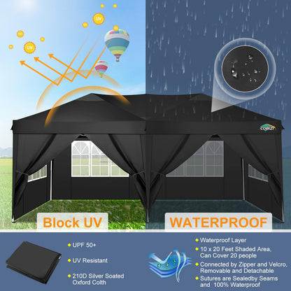 COBIZI Canopy 10x20 Pop Up Canopy Tent with 6 Sidewalls Easy Pop Up Tent 10x20 Waterproof Commercial Instant Shelter UPF 50+ Portable Gazebo Wedding Tents for Parties Carport Vender Events(Black..