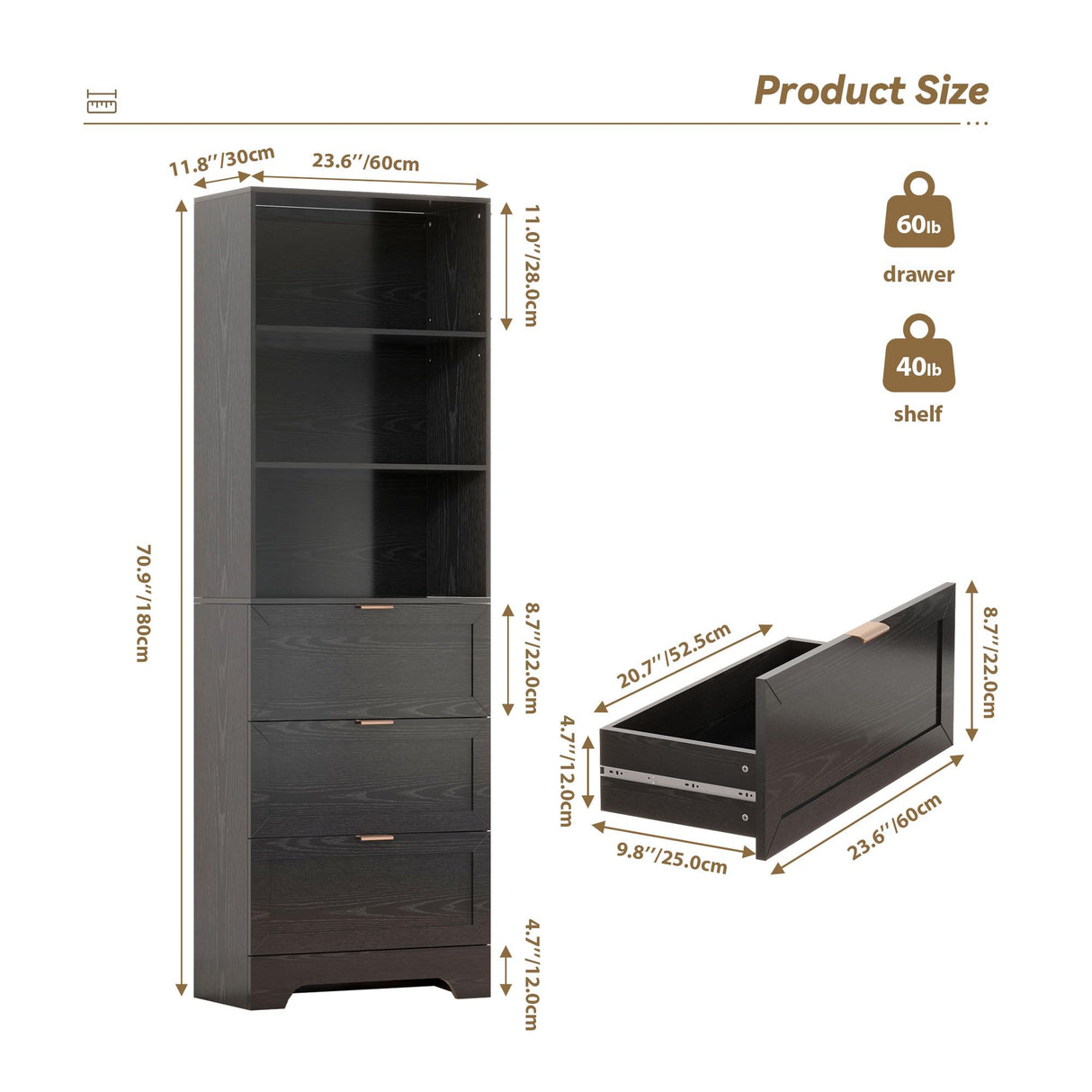 FTZxHKLX Modern Black Bookshelves and Bookcases with Drawers, 6 Tier Tall Bookshelf with Drawers, Industrial Wood Bookcase, Floor Standing Display Case with Storage,Living Room,Office FTZxHKLX