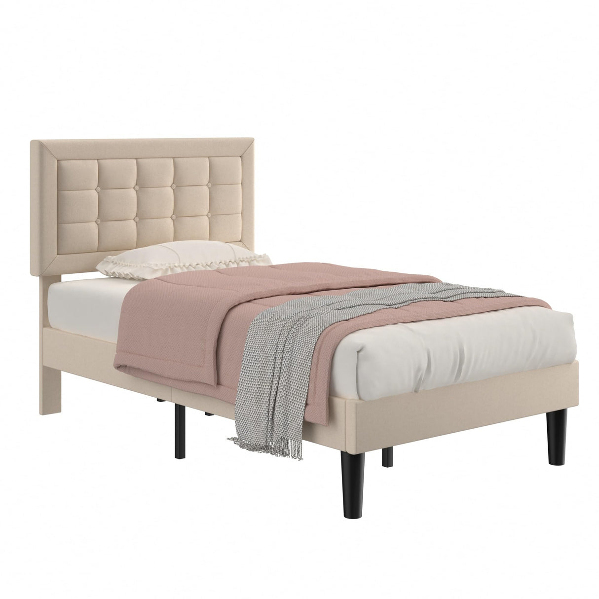 VECELO Twin Size Bed Frame with Adjustable Headboard, Upholstered Button Tufted Platform Bedframe with Wood Slats Support, No Box Spring Needed, Beige VECELO