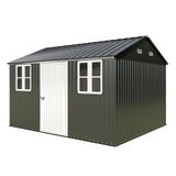 Vanacc 12x10.3x8.1 FT Galvanized Steel Outdoor Storage Shed with a Lockable Hinged Door and 2 Windows, Metal shed for Garden, Backyard, Dark Grey/White VanAcc