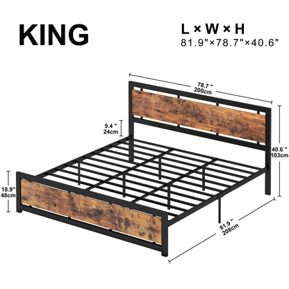 LIKIMIO Industrial King Bed Frame with Vintage Wood Headboard and 12 Strong Metal Legs - Easy Assembly, No Box Spring Needed - WoodArtSupply