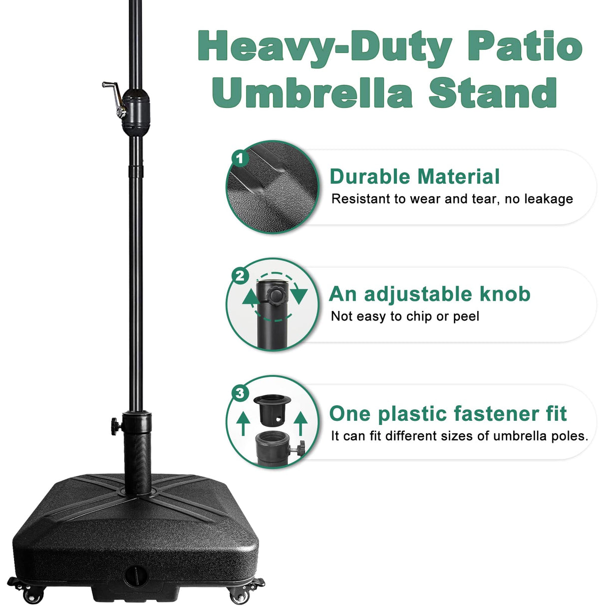 RAOKUKH DZ4733 MS Patio Umbrella Base Heavy Duty with Wheels Square Market Stand for Outdoor 4 Locks 1 Knobs 125lb Capacity, Black RAOKUKH