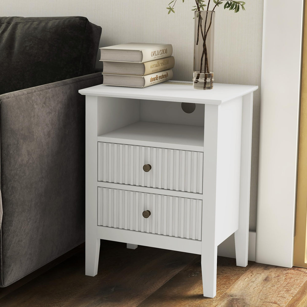 RoyalCraft White Nightstand with Charging Station, White Sofa Table with 2 Storage Drawers Cabinet, Tall End Table with Wooden Fluted-Design for Bedroom,Living Room, White RoyalCraft
