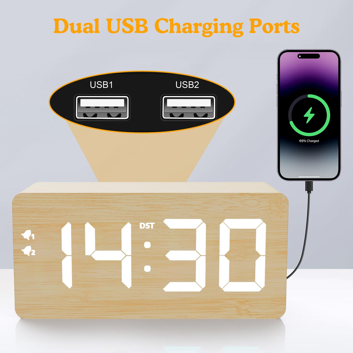 URAYCO Wood Digital Alarm Clock with 10W Fast Wireless Charger, USB Charging Ports, DST, Dimmable, Snooze, Large Number LED Display for Bedrooms, Desk, Living Room Table, Bedside, Nightstand (Bamboo) URAYCO