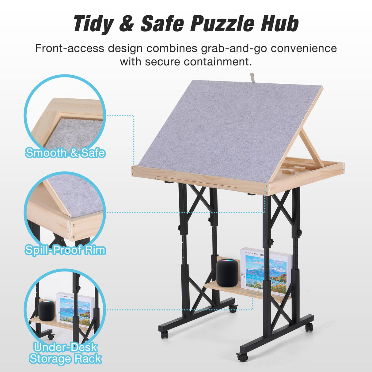 FUNTOK 1500 Piece Jigsaw Puzzle Table with Legs for Adults, Portable Wooden Puzzle Tables with Wheels, Drawers, Adjustable Height with Scales, 5-Tilting-Angle, Transparent Cover, Non-Slip Felt Surface FUNTOK