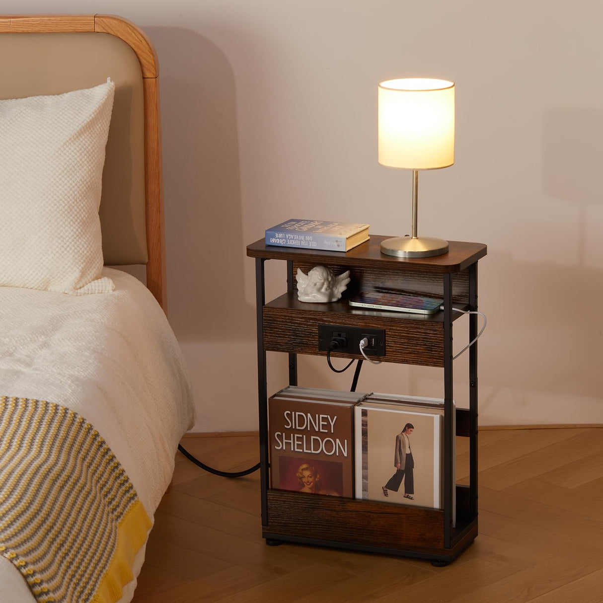 Narrow Side Table With Charging Station, 3-Tier End Table with 2 USB Ports & Power Outlets,Thin Sofa Side Table for Narrow and Small Spaces, Bedside Table Nightstand for Living Room/Rustic Brown YEAKOO