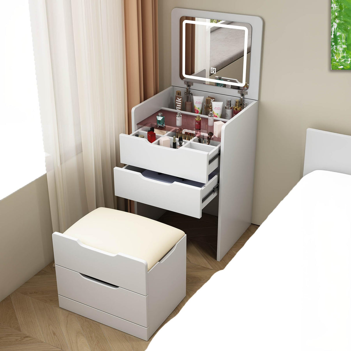 3 in 1 Vanity Desk with Plip Top Mirror, Small Vanity Desk Set with Storage Chair, Compact Makeup Vanity Desk with Visible Glass Desktop, for Bedroom, Apartment, Cloakroom, White (Basic Small Size) RIDFY