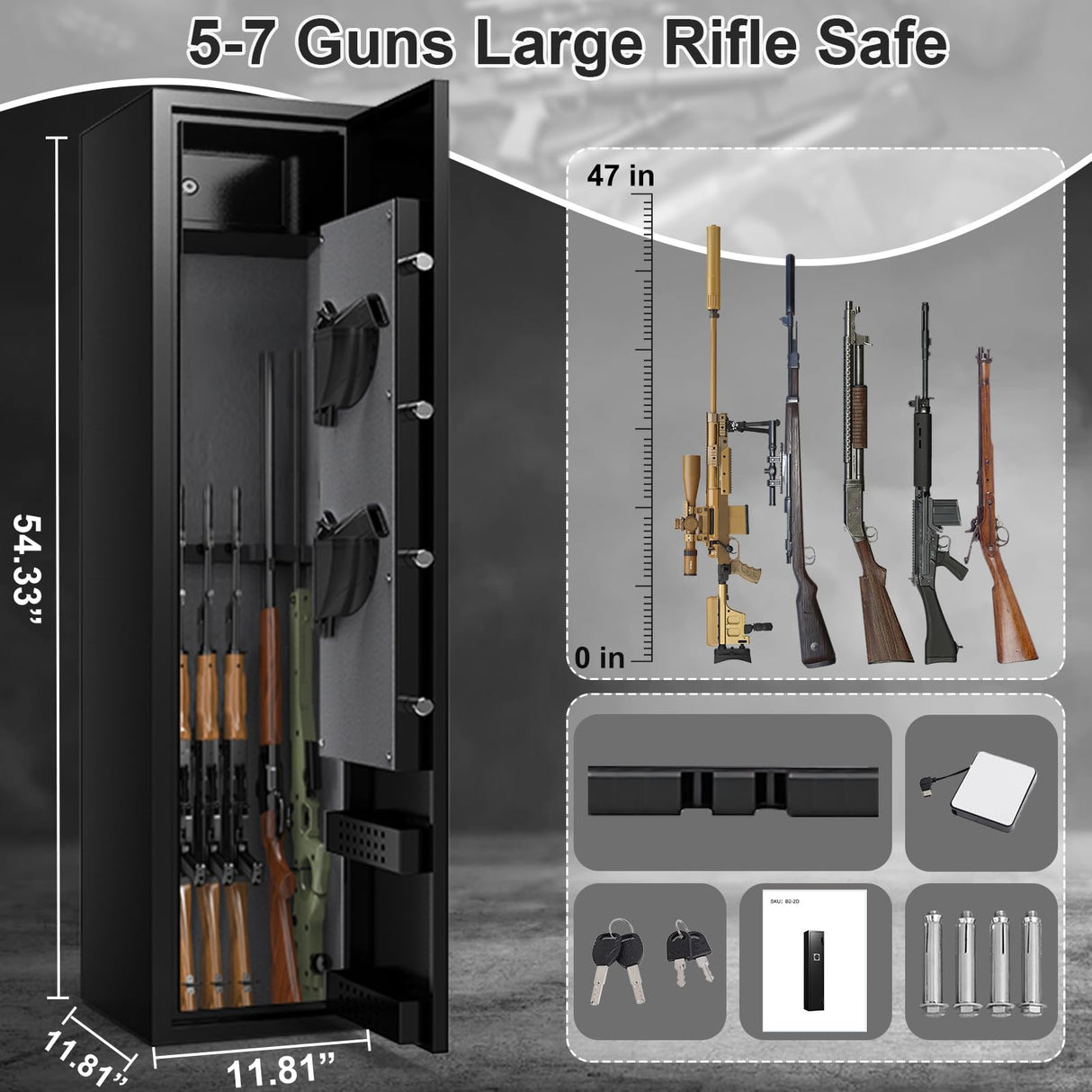 ANXINWEI 5-8 Gun Safe, Rifle Safe with 180°Full Access Door and Inner Cabinet, Large Gun Safe with Dual Alarm and Removable Shelf, Quick Access Gun Locker with LED, Long Shotgun Gun Safes for Home ANXINWEI