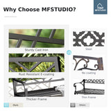 MFSTUDIO 43.7 Inches Outdoor Garden Bench, Cast Iron Metal Frame Patio Park Outside Benches with Geometric Pattern Backrest for Front Porch, Black MFSTUDIO
