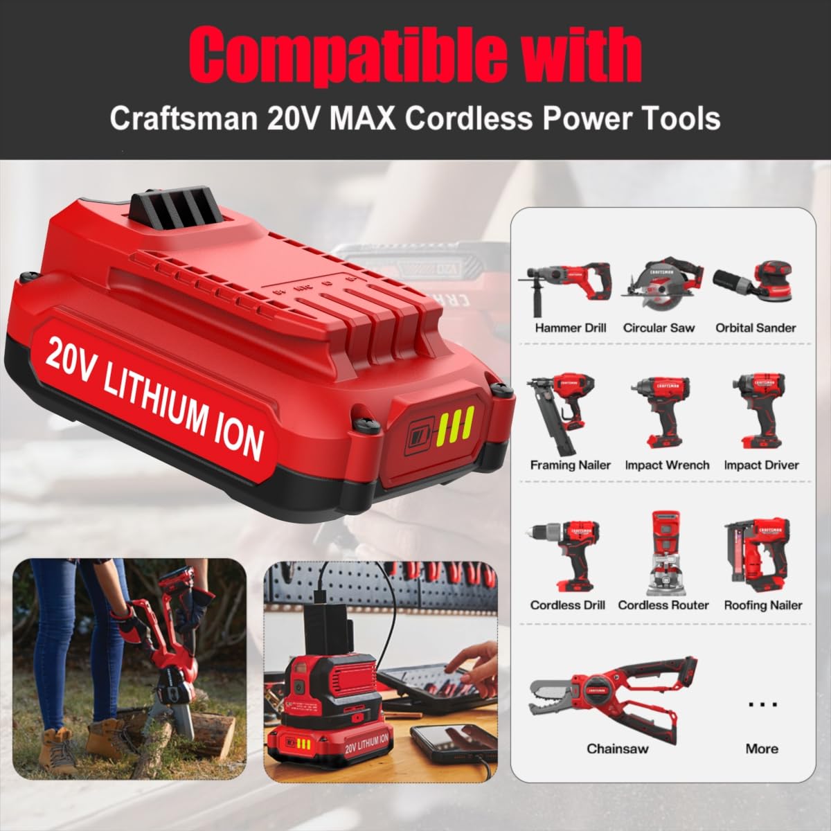 AYTXTG 2Pack 3.5Ah 20V Lithium Battery Replacement Craftsman 20V Battery CMCB202 CMCB202-2 CMCB204 CMCB204-2 Craftsman V20 Battery + CMCB104 V20 Battery Portable Charger AYTXTG