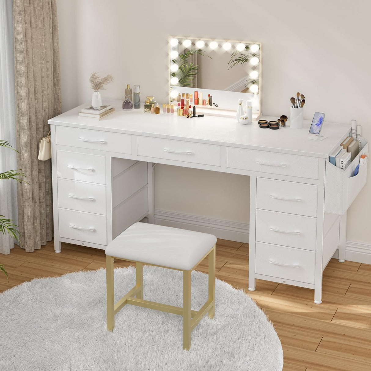 Lufeiya 47 Inch Computer Desk with 9 Drawers, Office Desk Work Desk for Home Office, Study, Writing, Vanity Desk with Fabric Drawers on Both Sides, Large Storage, White Lufeiya