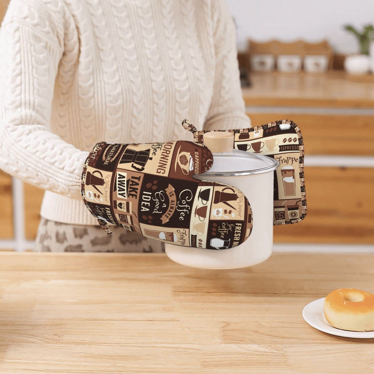 Oven Mitts Pot Holders Set Coffee Pattern Silicone Modern Art Kitchen Gloves Potholders Heat Resistant for Chef Baking Cooking Grilling BBQ 4 Pack Mitt SUPLUCHOM