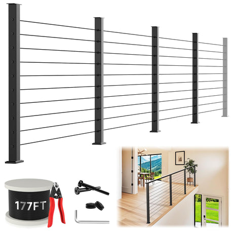 Zylorix 36" One-Stop Black T304 Cable Railing Posts Kit(Flexible DIY), Include 4Pack Level Drilled Line Posts, 177ft 1/8" Wire Rope, Complete Cable Railing System DIY Kit with Cutter(No Handrail) Zylorix