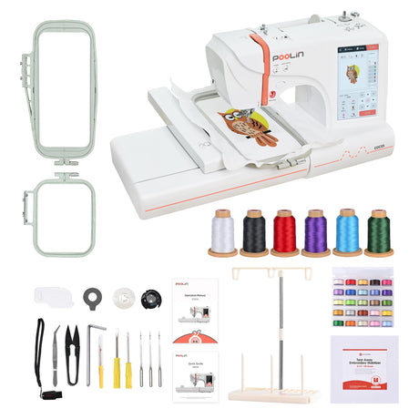 EOC05 Embroidery Machine 4 x 9.25 Inch Large Hoop Embroidery Area,Computerized Embroidery Machine with 7 Inch LCD Color Touchscreen,USB,with Starter Bundle Machine Embroidery for Beginners Poolin