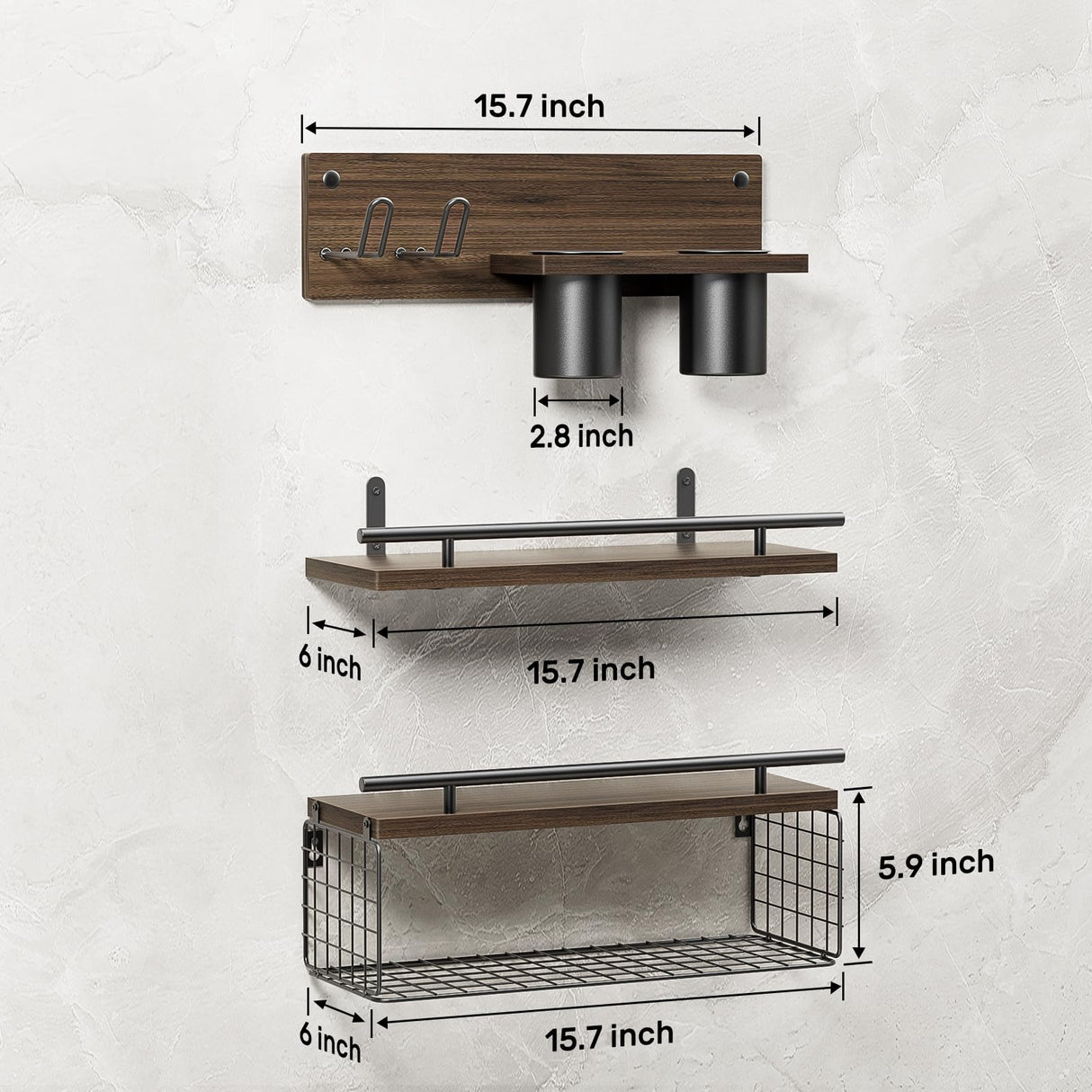 RoleDes Bathroom Floating Shelves with Hair Dryer Holder - Wall Mounted Wood Wall Shelf with Blow Dryer Storage Over The Toilet - Set of 3 Rustic Brown Farmhouse Decor RoleDes