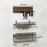 RoleDes Bathroom Floating Shelves with Hair Dryer Holder - Wall Mounted Wood Wall Shelf with Blow Dryer Storage Over The Toilet - Set of 3 Rustic Brown Farmhouse Decor RoleDes