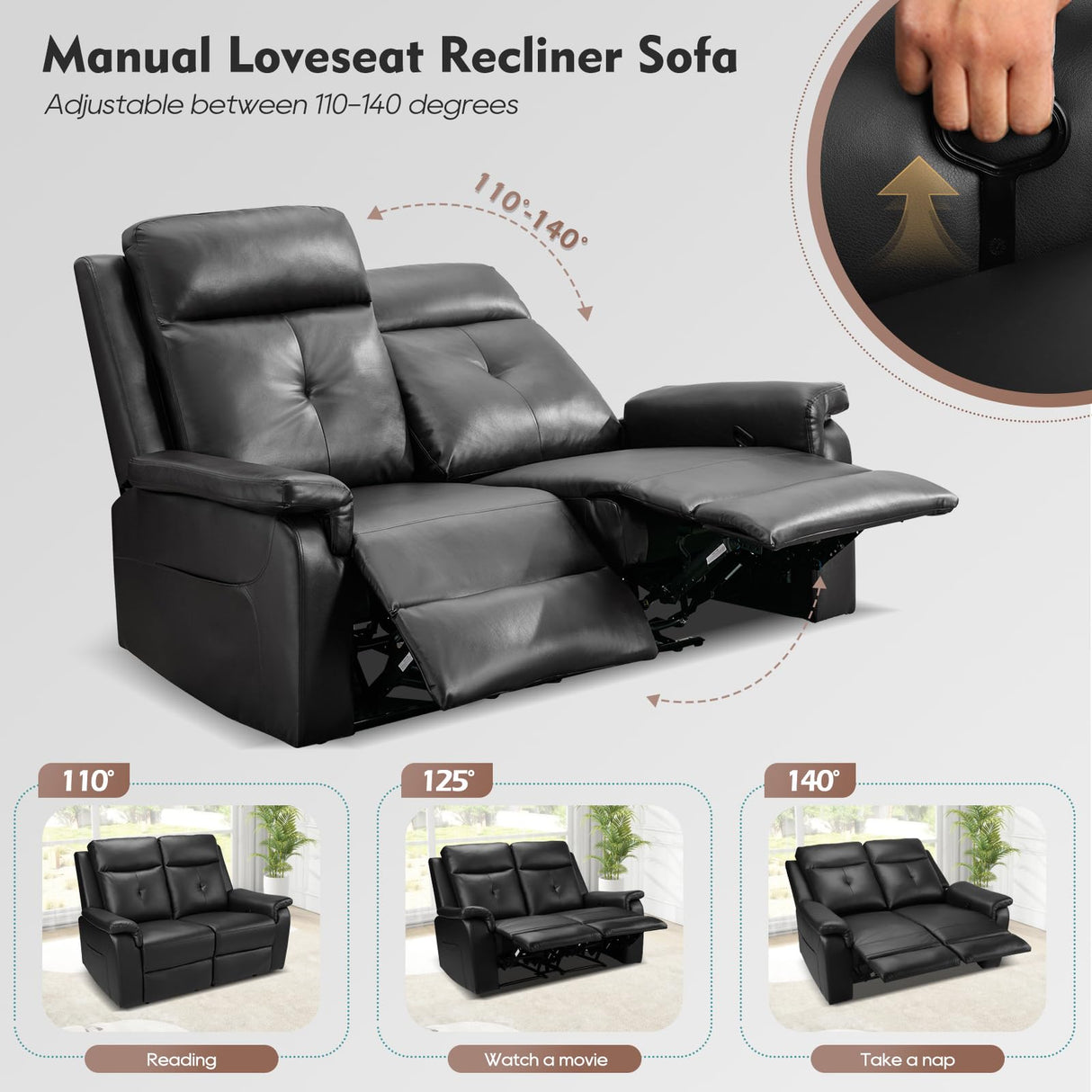 RIHEREFY PU Leather Reclining Loveseat with Heat and Massage, Double Loveseat Recliner with Side Pocket, Loveseat Recliner Sofa for Living Room, Home Theater, RV RIHEREFY