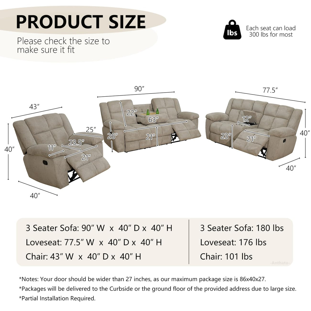 Anthato Corduroy Recliner Sofa Set, Manual Reclining Sofa Loveseat Chair Set with Cup Holders/Coffee Table, Comfy Fabric Recliner Couches, Living Room Furniture Sets for Home, Office (Beige, 3PCS Set) Anthato