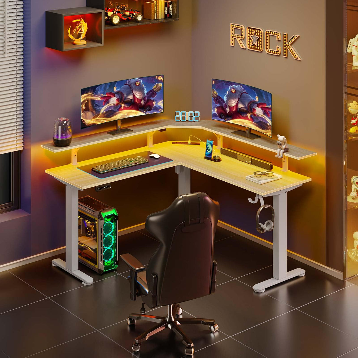 Rolanstar Standing Desk L Shaped with LED Light and Power Outlet, Electric Height Adjustable Computer Office Desk Sit Stand Up with Monitor Stand, Beige Rolanstar