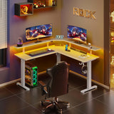 Rolanstar Standing Desk L Shaped with LED Light and Power Outlet, Electric Height Adjustable Computer Office Desk Sit Stand Up with Monitor Stand, Beige Rolanstar