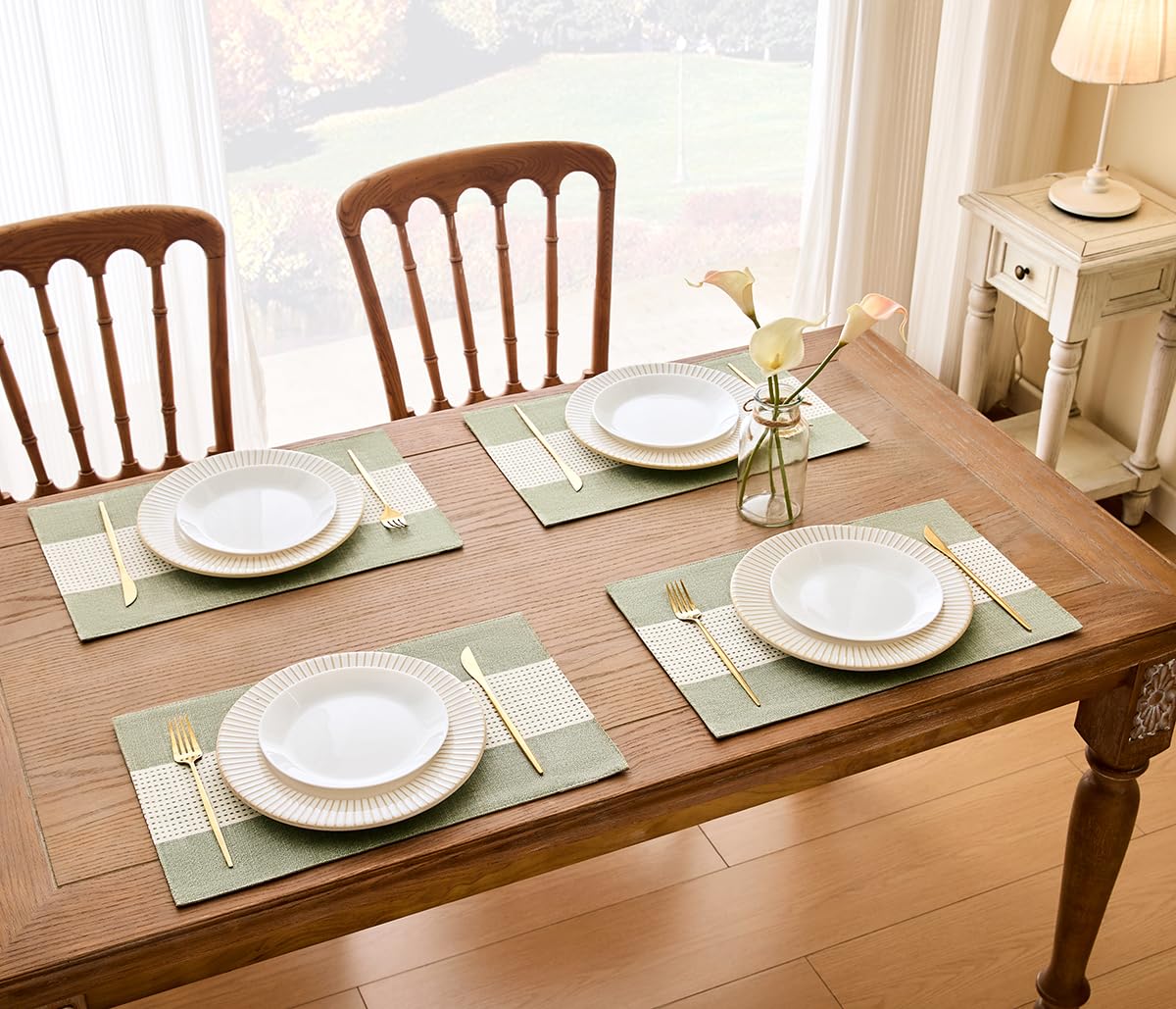 Wracra Linen Placemats, 12 x 18 Inch Set of 4 Placemats, Farmhouse Macrame Place Mats for Kitchen Table and Heat Resistant-Hemstitch Sage Green 4PCS Wracra