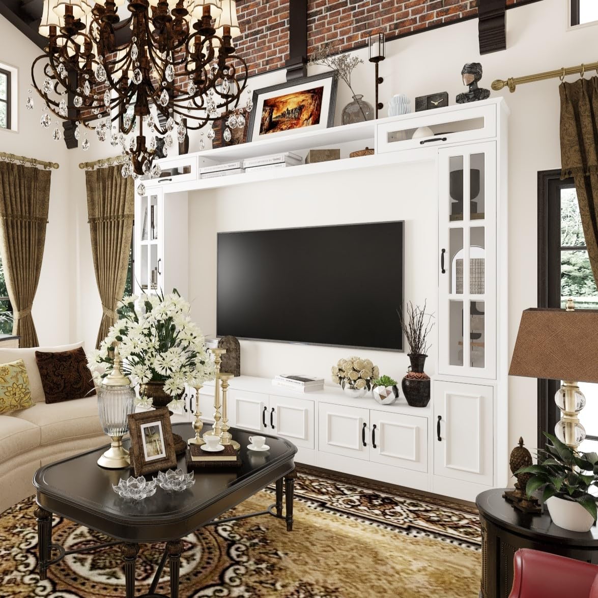 ECACAD Wall Unit Media Console Entertainment Center with 12 Doors, Large TV Stand Set with Tempered Glass Doors and Adjustable Shelves for Living Room, White (96.9”W x 15.7”D x 78.7H) ECACAD