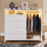 VIAGDO Dresser for Bedroom with Clothes Rail, Chest of 4 Drawers with LED Lights, Modern White Dresser with Open Storage Space for Bedroom Entryway, Large Capacity VIAGDO