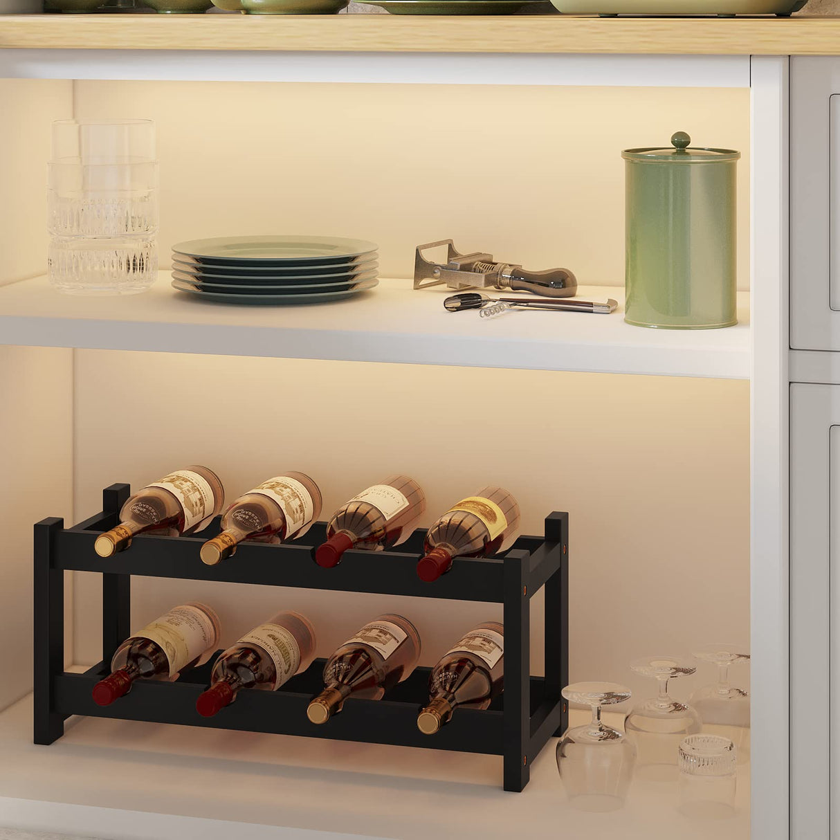 BAMEOS Wine Rack Freestanding 8 Bottle 2 Tier Bamboo Wine Racks Countertop Cabinet Wine Holder Wine Storage Shelf for Kitchen, Bar, Pantry, Wine Cellar, Countertop Black (16.85 L x 9.25W x 7H) BAMEOS
