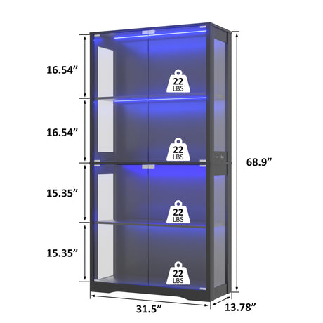 BlueWish 70" Display Cabinet with Glass Doors, 4-Tier Curio Cabinet with 3 Color LED Lights for Collectibles, Glass Display Case with Human Body Sensor, Storage Cabinets for Living Room, Office, Black BlueWish