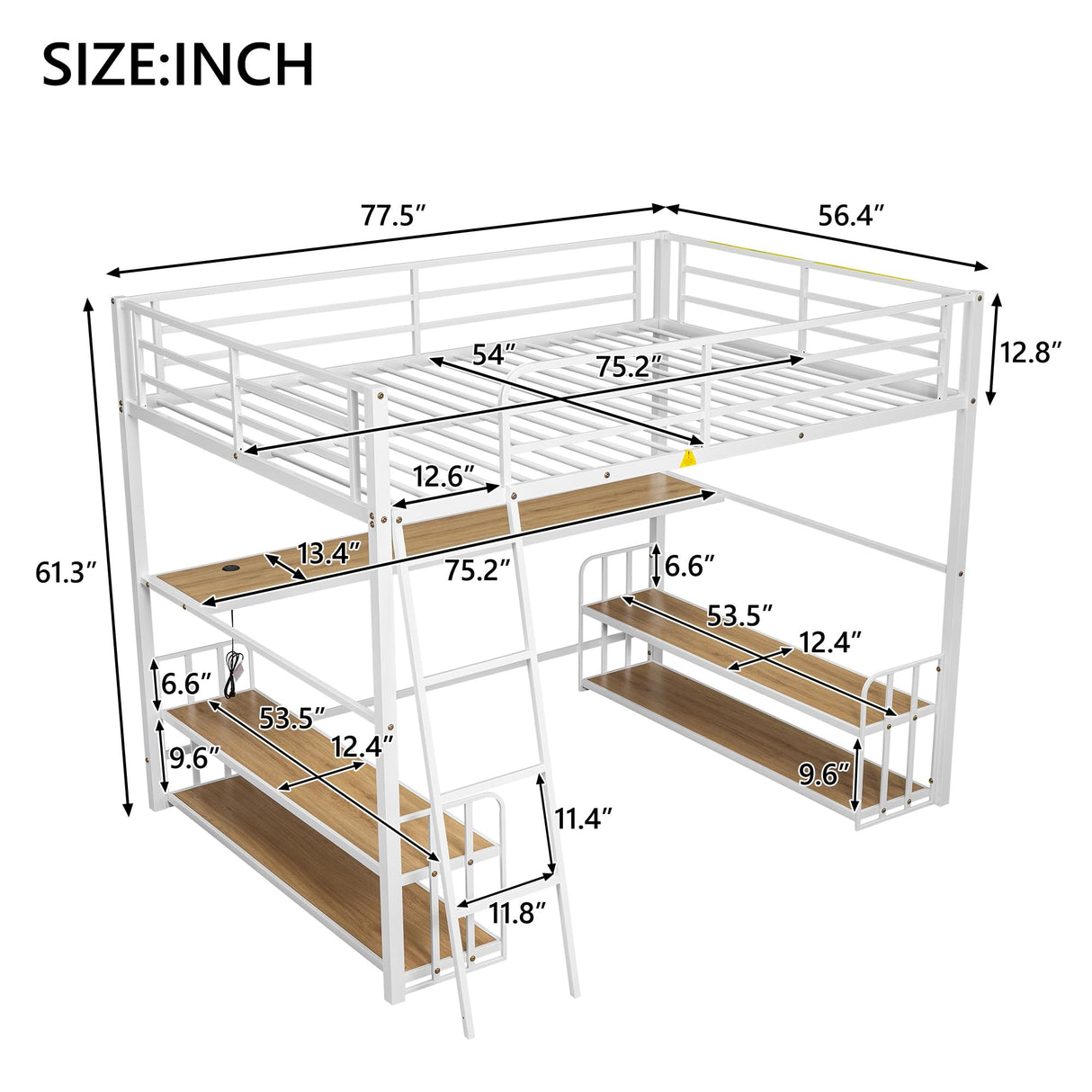 Ziraukon Full Size Metal Loft Bed with Desk and Storage, Heavy Duty Metal Loft Bed with Storage Shelves and Charging Station, Safety Guardrail, Ladder, Space Saving, White Ziraukon