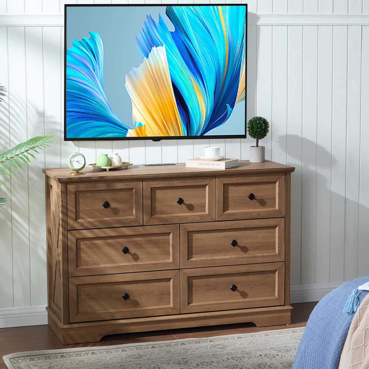 NONGSHIM 7 Drawer Dressers, Farmhouse Dresser Chest of Drawer for Bedroom, Modern Wood Drawer Dresser with Charging Station, Chest of Drawers Storage Cabinet for Living Room, Entryway, Natural Oak NONGSHIM