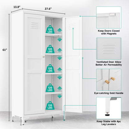 Metal Storage Cabinet with Doors and Shelves,White Storage Cabinet,Food Pantry Storage Cabinet,5 Tier Metal Pantry Cabinet,Tall Large Closet Cupboard for Home,Kitchen,Dining/Living/Laundry Ro - WoodArtSupply