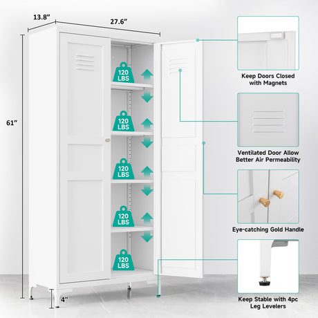 Metal Storage Cabinet with Doors and Shelves,White Storage Cabinet,Food Pantry Storage Cabinet,5 Tier Metal Pantry Cabinet,Tall Large Closet Cupboard for Home,Kitchen,Dining/Living/Laundry Room SISESOL