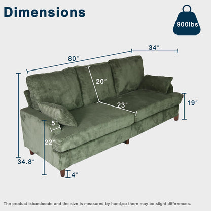 2 Sets 3 Seater Couch with Deep Seats, 80" Sofa for Living Room, Modern Comfy Green Couch with Armrests, Corduroy Sofa for Small Space, Oversized Loveseat for Bedroom, Apartment and Office, Green