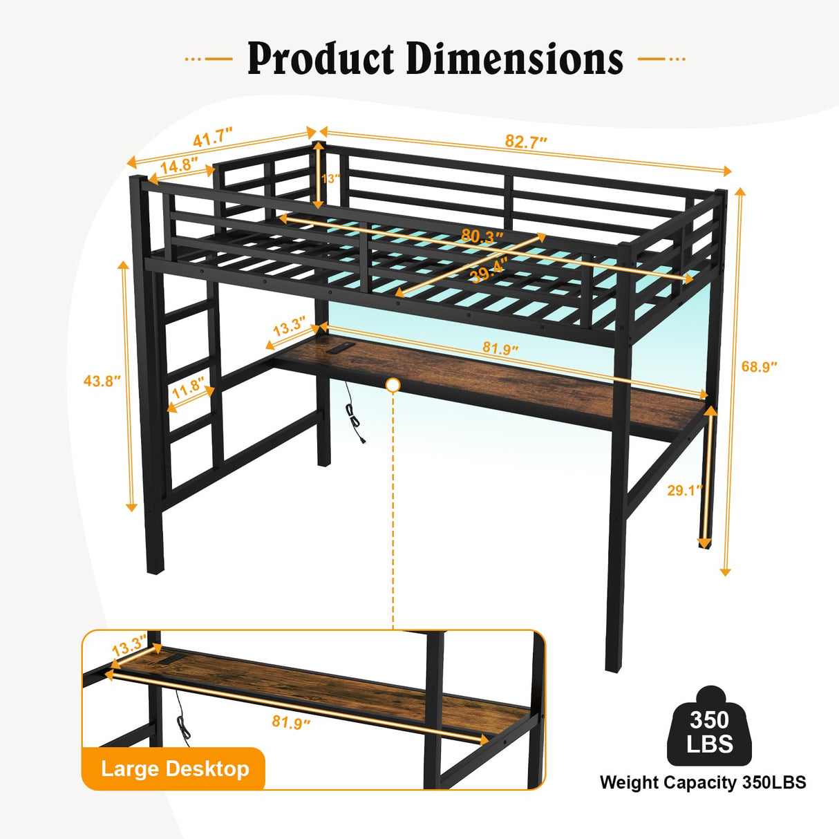 MAKIAAP Twin XL Size Metal Loft Bed with Desk & Ladder, LED Lights & Charging Station, Sturdy Noise-Free Frame for Kids, Teens & Adults, 350LBS, Space-Saving Design (Black, Twin XL) MAKIAAP