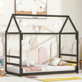 Kuurfuurdo Twin House Bed with Canopy, Montessori Floor Bed Frame Metal Platform Tent Bed for Bedroom Playroom, Black kuurfuurdo