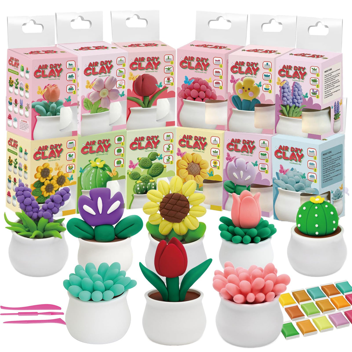 Air Dry Clay for Kids - 12 Plants DIY Modeling Clay Kit with Sculpting Tools & STEM Tutorials - Ultra Light, Soft, Safe - Back to School Classroom Supplies, Home Party, Birthday Gifts for Ages 3-12+ DMTXCRP