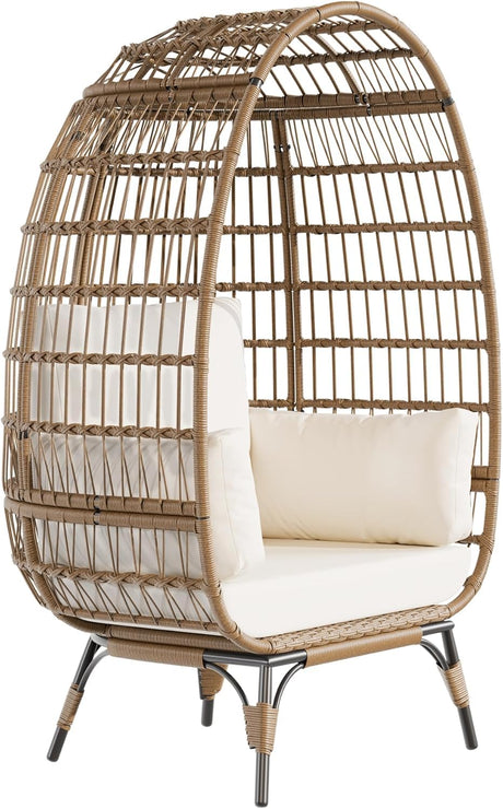 GAOMON Egg Chair, Oversized Wicker Outdoor Chairs with Luxury Cushions, 350LBs Capacity Steel Frame Patio Lounge Chaise for Indoor/Outdoor Use for Balcony, Living Room, Patio, White GAOMON
