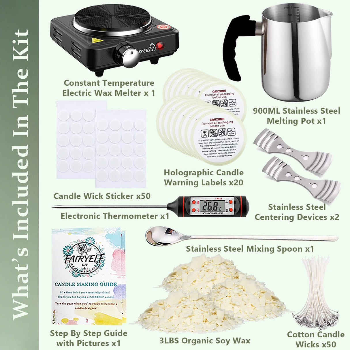 Soy Wax Candle Making Kit Supplies with Wax Melter, Natural Candle Wax for Candle Making - DIY Candle Making Supplies, Including 3lbs Soy Wax Flakes, Melting Pot, Electric Stove, Candle Wick FAIRYELF
