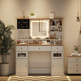 Vabches Farmhouse Makeup Vanity Desk with Mirror and Lights,White Vanity Table with Charging Station & Jewelry Storage,5 Drawers & 2 Cabinets,Dressing Table with Hidden Storage & Open Shelves Vabches