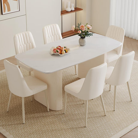 Ebullient White Oval Dining Table Set for 6, 67'' Modern Dining Table Set for 6, Cream White Oval Tabletop with Sleek Ripple Legs, 6 Soft Faux Leather Chairs, Ideal for Dining Room Ebullient
